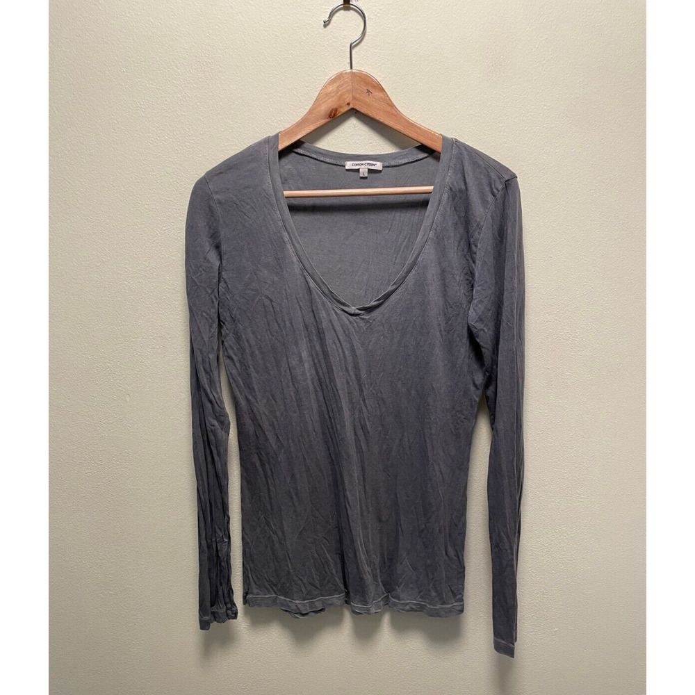 Cotton Citizen Womens Top Size Large Gray Supima Cotton Blend V Neck Long Sleeve